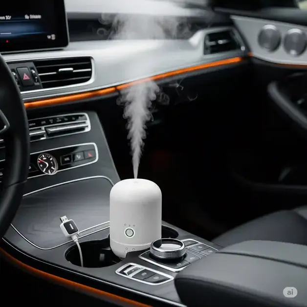 Ultrasonic essential oil diffuser emitting mist in a car’s cup holder.