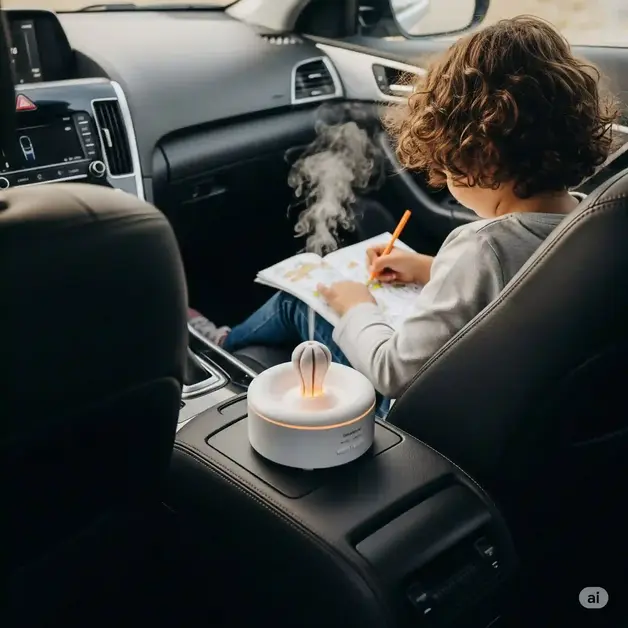 A safe wick-style essential oil diffuser in a car with children in the backseat.