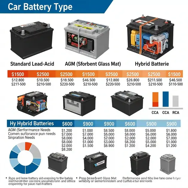 What Happened to Car Battery Replacement Cost? A comprehensive visual comparison of various car battery types, including standard lead-acid, AGM (Absorbent Glass Mat), and hybrid batteries, showcasing the distinct construction and internal components of each type. The graphic design will illustrate the price ranges associated with each battery type, using a clear color-coded scale to demonstrate the cost differences visually. The comparison will highlight the pros and cons of each battery type, focusing on factors such as lifespan, performance, maintenance needs, and suitability for different vehicles and environments. Utilizing a visual design style that integrates infographics and charts, the comparison aims to provide a clear understanding of the cost implications and value proposition of each car battery type. It will include a detailed breakdown of price points based on cold cranking amps (CCA) and reserve capacity (RC) specifications, allowing viewers to compare different battery options within each type.