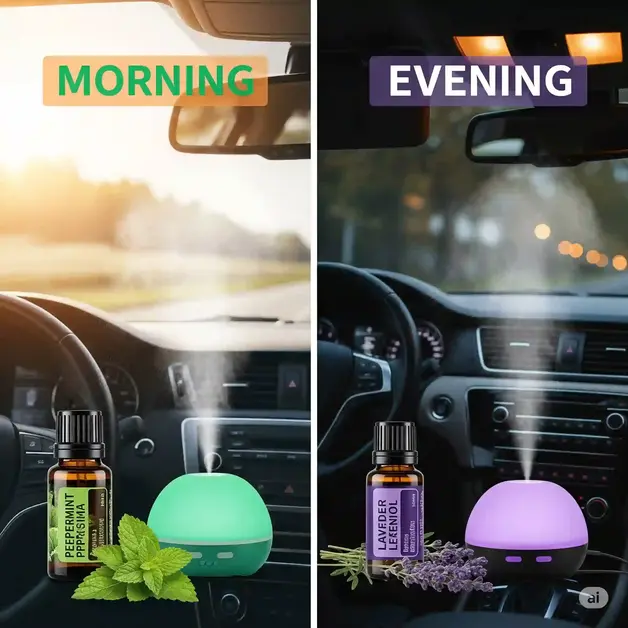 Peppermint oil for focus during morning commute and lavender oil for calm evening drives.