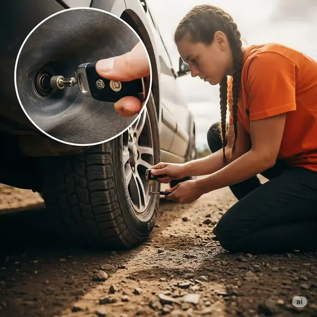 How to Deflate a Car Tyre Fast – Stunning Hack A person, likely a woman with long braided hair and wearing an orange t-shirt, kneels beside a car tire on a dusty off-road trail. She is using a car key to press the valve pin of the tire, which is visibly bulging slightly as air is released. An inset circle in the upper left corner shows a zoomed-in view of a hand holding the car key and pressing the valve pin on the tire stem. The lighting is soft, suggesting either a sunset or overcast conditions.