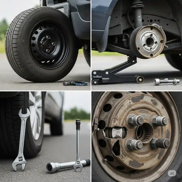 How to Change a Car Tyre: My Step-by-Step Guide A visual representation of common mistakes made when changing a car tire, such as an underinflated spare tire with a noticeably deflated sidewall, incorrect jack placement where the vehicle's frame is not properly supported, a loose or overtightened lug nut with one lug nut barely attached and another lug nut visibly damaged, and tools left on the road near the vehicle, with a wrench and a lug wrench resting carelessly on the asphalt, the image composed in a way to show the potential dangers associated with each mistake and the importance of following proper procedures, the setting is a typical roadside with a blurred background, shot with natural light to provide a realistic look, and the composition is well-balanced to highlight the mistakes without being cluttered.