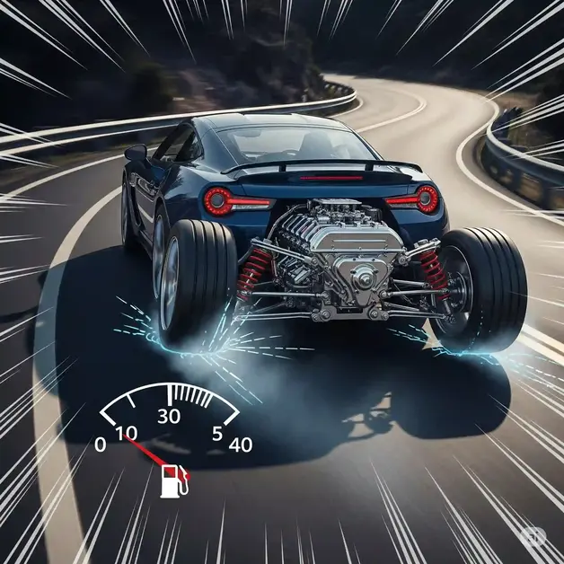 How Heavy Is a Car Tire? Unusual Answer Inside A sleek, dark blue sports car is depicted in a high-speed, dynamic shot on a winding road, with its rear exposed to show the intricate mechanics of the engine and suspension. Speed lines radiate from the vehicle, conveying rapid motion and the strain on the tires. A fuel gauge in the foreground shows a low reading, indicating poor fuel efficiency, while subtle smoke and electric blue sparks emanate from the tires, symbolizing the increased effort and potential wear due to tire weight. The overall image highlights how tire weight impacts a car's performance, including speed, handling, and fuel economy.