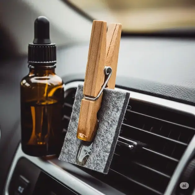 DIY car diffuser made from a clothespin and essential oil felt pad clipped to a car vent.