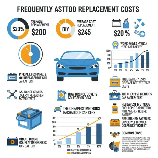 What Happened to Car Battery Replacement Cost? A detailed infographic illustrating frequently asked questions about car battery replacement costs, with vibrant colors and clear icons. Questions include the average cost of a car battery replacement, the possibility of DIY replacement, the typical lifespan of a car battery, the cost of replacing a hybrid car battery, whether insurance covers battery replacements, availability of free battery tests, how brand impacts the cost, the cheapest methods for replacing a car battery, the benefits and drawbacks of refurbished batteries, and the common signs indicating a need for a battery replacement. The infographic utilizes a clean, modern design with a clear, easy-to-read font, incorporating charts and graphs to visually represent the data and statistics related to the cost of replacement.
