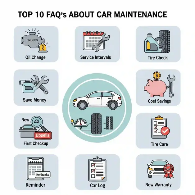 Why Is It Important To Keep Up With The Maintenance On Your Vehicle An infographic titled "Top 10 FAQs About Car Maintenance" in a clean, friendly style. It features a central image of a white car surrounded by ten square icons, each representing a maintenance tip with a small illustration and text label. **The icons and their labels are:** * **Top Row (left to right):** * **Engine icon with a warning light:** "Oil Change" * **Calendar with a wrench:** "Service Intervals" * **Oil can and tire:** "Tire Check" * **Middle Row (left to right, outside the central car image):** * **Wrench fixing a broken piggy bank:** "Save Money" * **Piggy bank with a money sign and a wrench:** "Cost Savings" * **Bottom Row (left to right):** * **New car under a magnifying glass:** "First Checkup" * **Tire pressure gauge and tire tread:** "Tire Care" * **Dealer counter with a "No thanks" sign:** "Upsells" (though the icon in the image shows "Reminder" for the phone icon, and "Upsells" is above the "First Checkup" icon) * **Phone with a calendar notification:** "Reminder" * **Clipboard with a car log:** "Car Log" * **New car with a checkmark and warranty badge:** "New Warranty" The color scheme uses soft blues, grays, and white with subtle pops of yellow and red for highlights, making it easy to read and suitable for blogs or Pinterest.