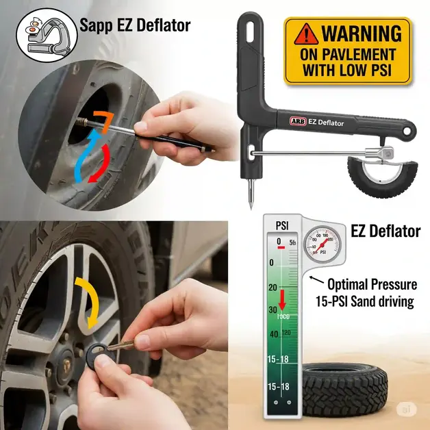 How to Deflate a Car Tyre Fast – Stunning Hack A detailed, educational illustration showing two methods to deflate a car tire for off-road driving on sand. The top left shows a close-up of a hand using a pen to press the valve stem, releasing air. The top right features an ARB EZ Deflator tool. The bottom left shows a hand using a car key to deflate the tire. The bottom right displays a PSI gauge dropping to 15-18 PSI, with text 'Optimal Pressure 15-PSI Sand driving.' A warning sign reads 'Warning on Pavement with Low PSI' in the top right, and a sandy background is visible.