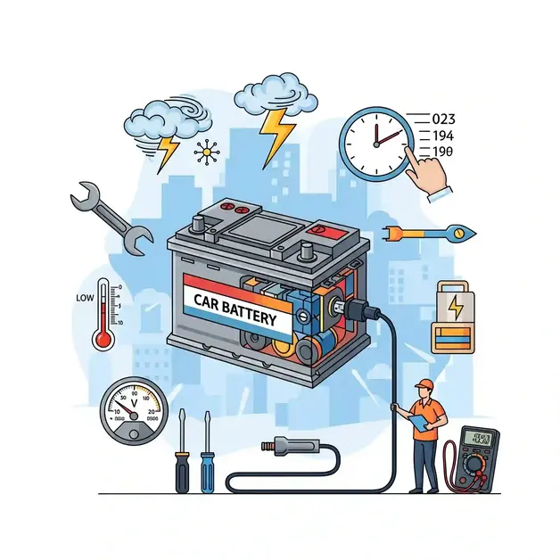 An illustration depicting a car battery at the center, surrounded by symbolic elements representing its lifespan, maintenance, and common issues. The image includes elements like cold weather, charging, maintenance tools, and a clock indicating longevity, aiming to convey the idea of car battery care and lifespan.