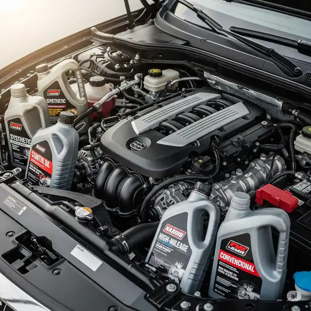 Best Car Oil Exposed: Powerful, Proven Picks A clean and well-maintained car engine with various types of oil bottles, including synthetic and high-mileage, neatly arranged around it, symbolizes the different options and the importance of proper car care.