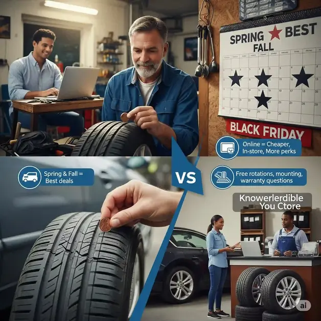 When Is The Best Time To Buy Tires? Secrets Revealed Realistic image showing the penny test for checking tire tread, a calendar marked with spring, fall, and Black Friday sales, and a side-by-side view of online vs. in-store tire shopping. Tire condition signs like cracks, bulges, and low tread are highlighted, along with key tire-buying tips and FAQs.