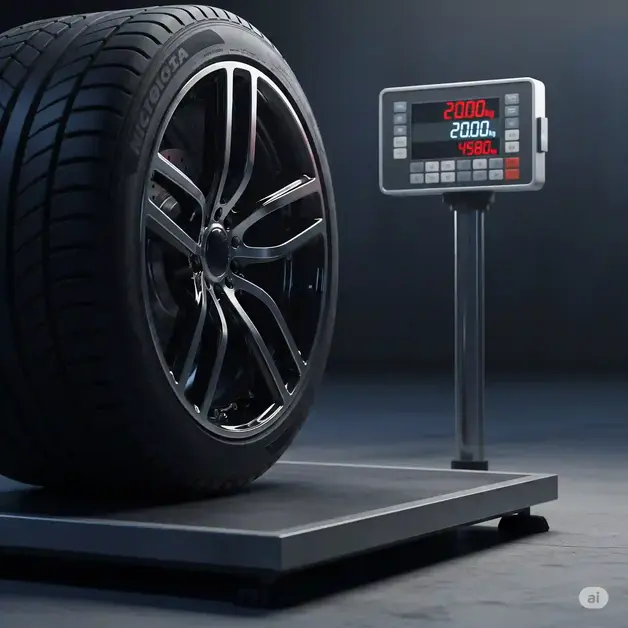 How Heavy Is a Car Tire? Unusual Answer Inside A car tire mounted on a sleek alloy rim is placed on a digital platform scale in a studio setting. The electronic scale display shows a weight of 20.00 kilograms. The background is dark and minimalistic, emphasizing the tire and weighing setup.