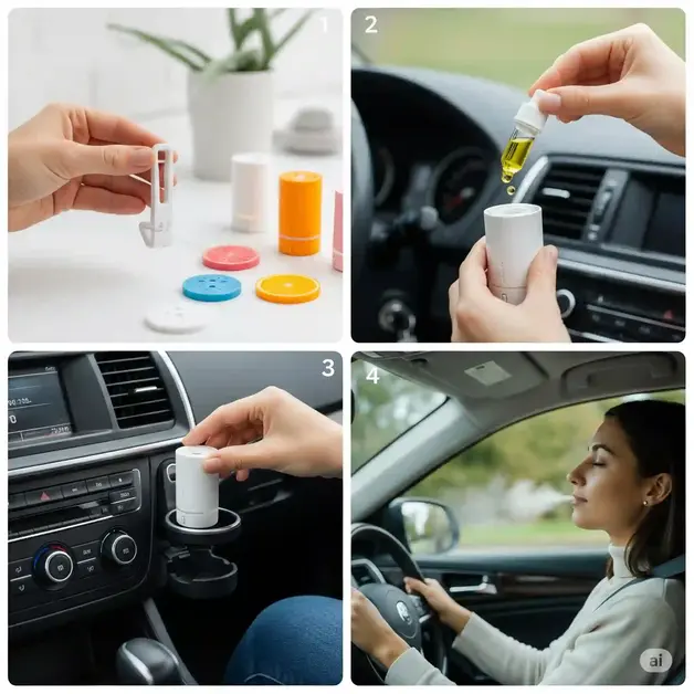 Adding essential oil drops to a car diffuser during setup.