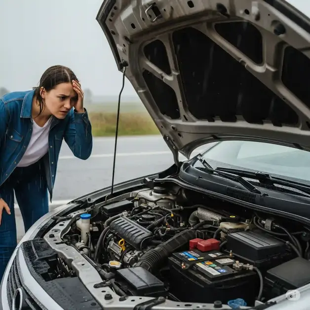 A person stands frustrated in the rain next to their car with the hood open, indicating a dead battery, symbolizing the unexpected inconvenience of a car breakdown and thought How Long Do Car Batteries Last