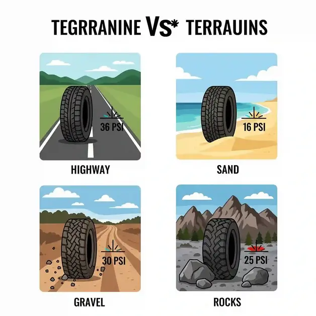 How to Deflate a Car Tyre Fast – Stunning Hack A stylized comparison chart illustrating recommended tire pressures (PSI) for four different terrains. The chart is divided into four sections, each representing a terrain with an icon, a mini tire visual, and the corresponding PSI.
Highway: Depicts a tire on a paved road with "36 PSI" labeled.
Sand: Shows a tire on a sandy beach with "16 PSI" labeled.
Gravel: Features a tire on a dirt trail with "30 PSI" labeled.
Rocks: Presents a tire on rocky terrain with "25 PSI" labeled.
The design is clear and colorful, aiming for quick understanding of optimal tire pressures in various off-road and on-road conditions.