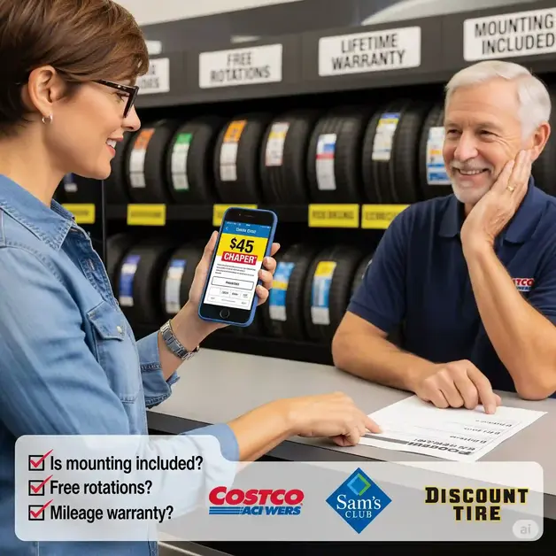 When Is The Best Time To Buy Tires? Secrets Revealed Realistic image of a customer comparing tire prices online at a tire shop, with a price match conversation in progress. Visible checklist includes questions about mounting, free rotations, and warranties. Tire deals and discount signs highlight smart shopping tips for getting the best tire deal.