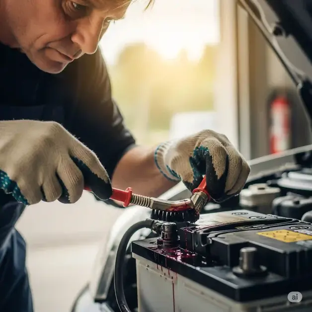A person wearing gloves cleans the corroded terminals of a car battery with a brush, illustrating car battery maintenance.