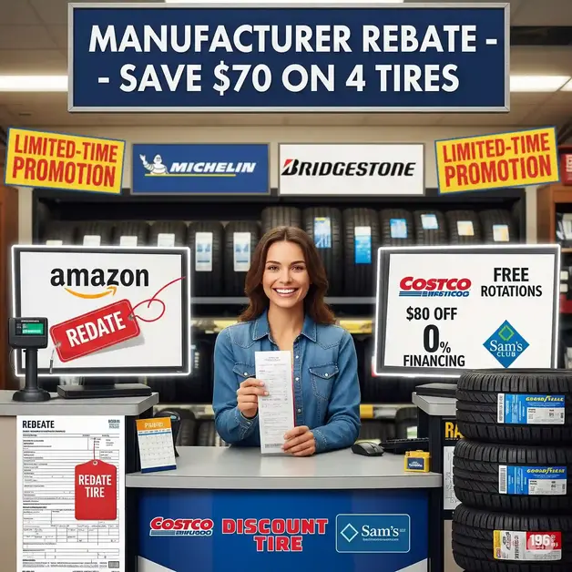 When Is The Best Time To Buy Tires? Secrets Revealed Realistic image of a car owner redeeming a tire rebate at a tire shop, with branded displays for Michelin, Goodyear, and Bridgestone, promotional signs showing discounts, and a screen displaying Amazon tire deals. The background features logos for Costco, Discount Tire, and Sam’s Club, highlighting offers such as free rotations and $70 rebates.