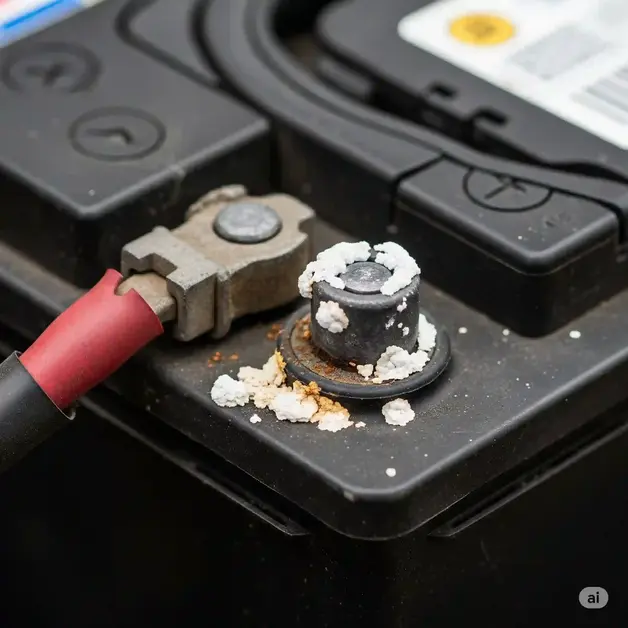 A close-up shot of a car battery with white, crusty corrosion on its terminals, a clear sign of damage or an aging battery. Image 03: How to Make Your Car Battery Last Longer