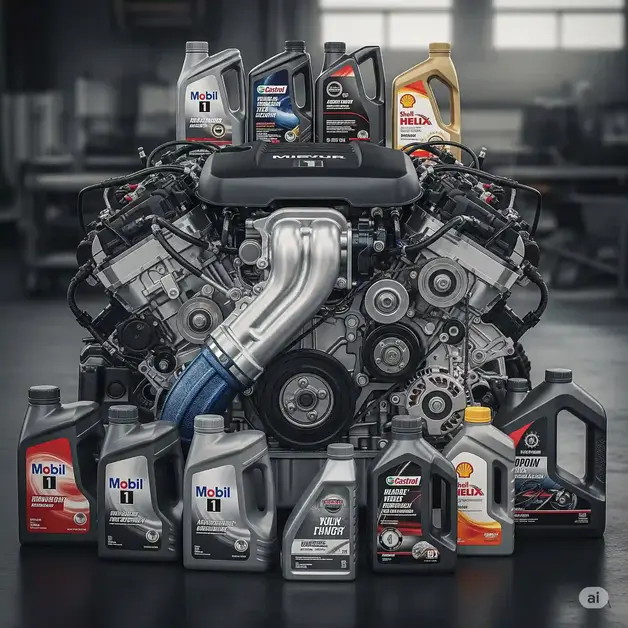 Best Car Oil Exposed: Powerful, Proven Picks A meticulously arranged collection of various car oil bottles, each showcasing the distinct branding of top brands like Mobil 1, Castrol, and Shell Helix, surrounding a gleaming, high-performance car engine in a clean, well-lit workspace. The engine, a testament to modern automotive engineering, is presented with intricate details, including polished metal parts, complicated wiring, and high-tech components, suggesting superior performance and reliability. The bottles are strategically positioned around the engine, highlighting their crucial role in maintaining its optimal condition. The lighting is bright and focused, highlighting the engine's components and the labels of the oil bottles. It's a powerful image suggesting a close relationship between top-tier lubricants and superior engine performance.