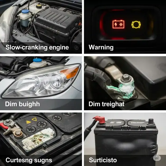 What Happened to Car Battery Replacement Cost? A detailed visual representation of car battery warning signs, showing a slow-cranking engine, where the engine turns over sluggishly before starting, a battery warning light on the dashboard, indicated by a red or yellow symbol and illuminated against a black background, dim headlights emitting a faint, feeble light compared to normal brightness, corrosion on battery terminals with a white or greenish deposit, suggesting a chemical reaction that can lead to a loss of power, and a swollen battery case, characterized by its bulging sides and a warped or distorted appearance. The images are captured in a workshop environment using natural light, enhancing the realism and visibility of these components. The style of the image is utilitarian, intended to convey important information in a clear and concise manner, showing that something is wrong with the vehicle's battery.