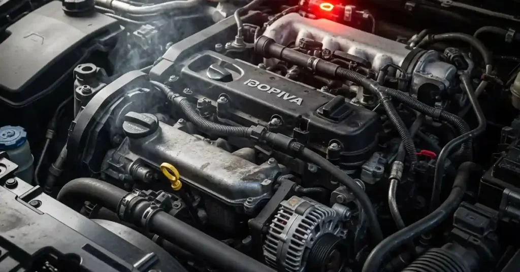 Best Car Oil Exposed: Powerful, Proven Picks A close-up shot of a car engine with visible signs of trouble, including smoke emanating from it and a dashboard warning light illuminated in red, indicating a problem. The engine appears somewhat grimy, emphasizing the distress caused by using the wrong type of oil.