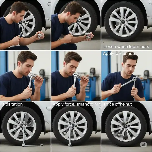 How to Change a Car Tyre: My Step-by-Step Guide A detailed, step-by-step guide demonstrating how to loosen wheel nuts on a car tire before lifting the car using a wrench. A young man with short brown hair is meticulously shown in a sequence of photographs, starting with positioning the wrench correctly on the wheel nut and then explaining how to apply force to loosen the nut. A clean, well-lit garage is the backdrop, and the car is a typical family sedan. The focus is on the process of loosening the nuts, with the sequence of photos clearly illustrating the steps involved. The image quality is professional, showcasing the precision and safety of the process in a helpful and instructive manner. The camera angle clearly shows the car's wheel and the man's hand using a wrench on the wheel nut. The lighting is balanced and bright, ensuring clear visibility of each step.