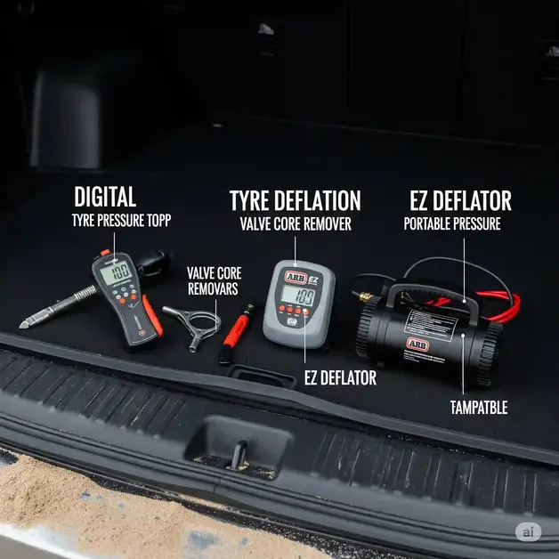 How to Deflate a Car Tyre Fast – Stunning Hack A flat lay image shows essential tire deflation tools on a black car trunk mat. The tools include a digital tire pressure gauge, a valve core remover, an ARB EZ deflator, and a portable air compressor. Each item is labeled with a clean, infographic-style text. The background is an open SUV tailgate with a scattering of sand on the floor, adding texture.
