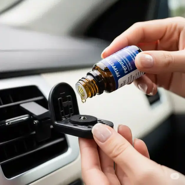 A person adding essential oil to a vent clip diffuser in a car air vent.