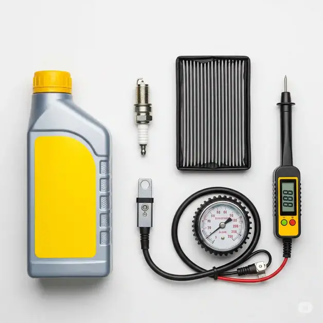 Essential tools and parts for regular car maintenance.