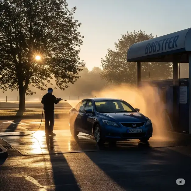 When Is The Best Time To Go To The Car Wash Early morning car wash with a clean car, soft sunrise light, and an empty lot—perfect time for streak-free results.