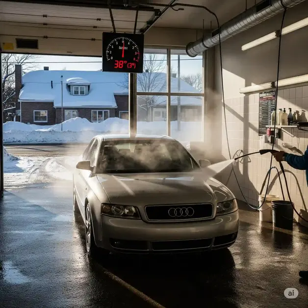 When Is The Best Time To Go To The Car Wash A winter car wash on a sunny day above freezing, with snow in the background and road salt on the ground.