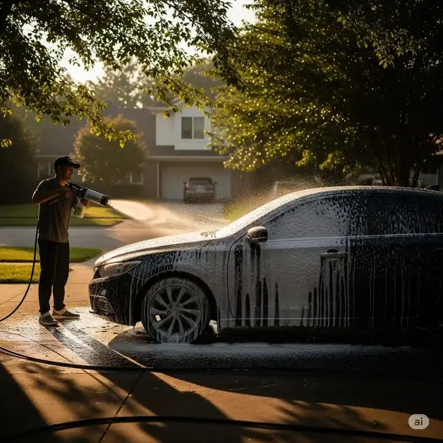When Is The Best Time To Go To The Car Wash A summer car wash at sunrise or sunset, with gentle shade and no harsh sunlight—ideal for preventing soap streaks.