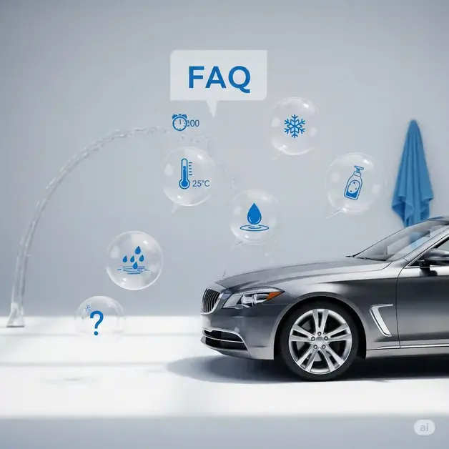 When Is The Best Time To Go To The Car Wash Illustration of a clean car surrounded by floating FAQ icons—clock, thermometer, snowflake, soap bottle—representing common car wash timing questions.