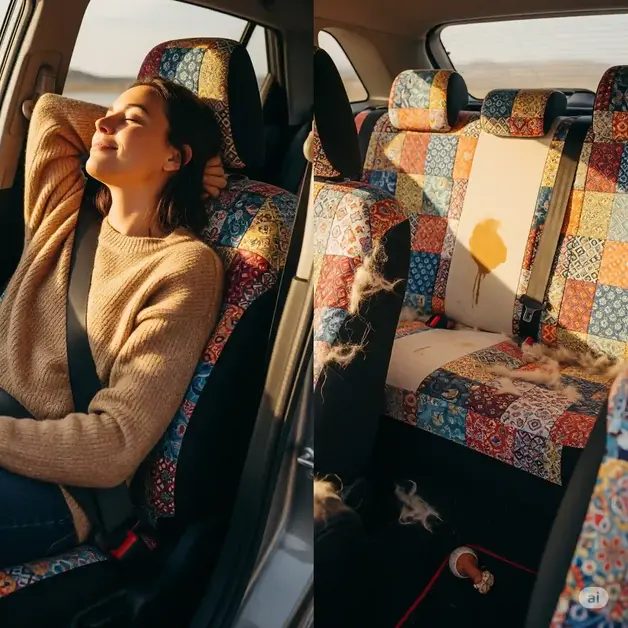 A cozy car interior with colorful fabric seat covers. One seat shows comfort with a person relaxing, while another seat has a faint coffee stain and trapped dog fur, representing the pros and cons.