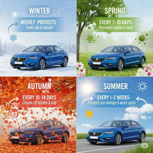 When Is The Best Time To Go To The Car Wash A four-season calendar graphic showing how often to wash your car throughout the year—weekly in spring/summer, 7–10 days in winter.