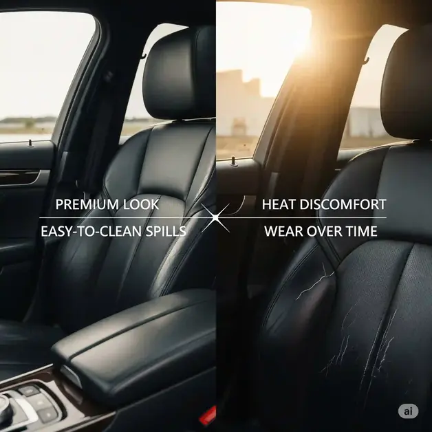 A split image of a luxury car interior with black leather seats. The left side, under natural light, shows the advantages of leather with a premium look. The right side shows the disadvantages, with a sun glare hinting at heat discomfort and a cracked patch symbolizing wear.