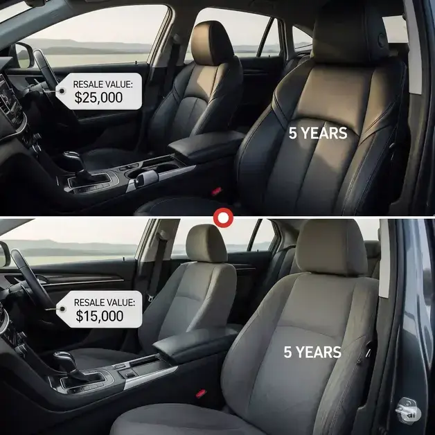 A timeline-style image showing a car with new-looking leather seats and a high resale value tag, and another car with faded, worn fabric seats and a lower resale value.