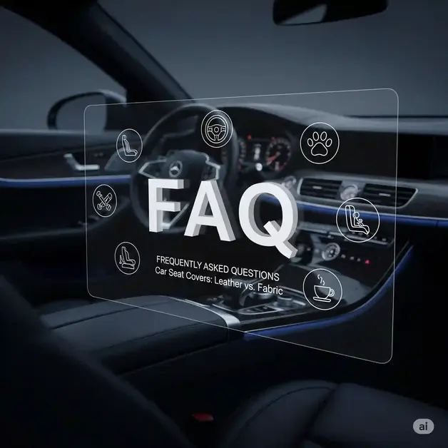 A modern car interior with a professional, minimalist FAQ graphic in the foreground. The letters "FAQ" are in a 3D style and surrounded by icons for a car seat, steering wheel, paw print, child seat, and coffee cup, indicating a section about frequently asked questions regarding car seat covers.