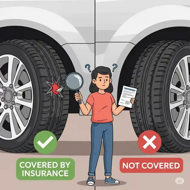 An illustration of a person looking confused while standing between two car tires. The tire on the left is damaged from a road hazard and is labeled "COVERED BY INSURANCE." The tire on the right is worn out and is labeled "NOT COVERED.