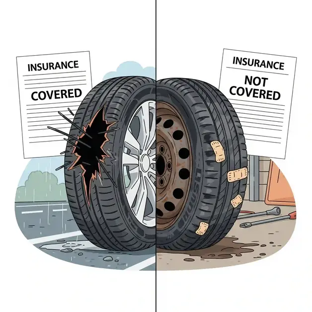 A split-screen illustration. On the left, a car tyre with a large gash is labeled "INSURANCE COVERED." On the right, a worn-out, patched-up tyre is labeled "INSURANCE NOT COVERED.