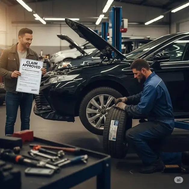 A mechanic replaces a car's tire in a repair shop while the driver, looking relieved, shows an insurance claim document.
