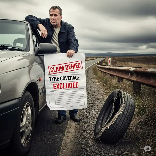 A man stands on a deserted roadside next to a car with a flat tire. He looks frustrated while holding a crumpled insurance claim form with "CLAIM DENIED" and "TYRE COVERAGE EXCLUDED" stamped on it.