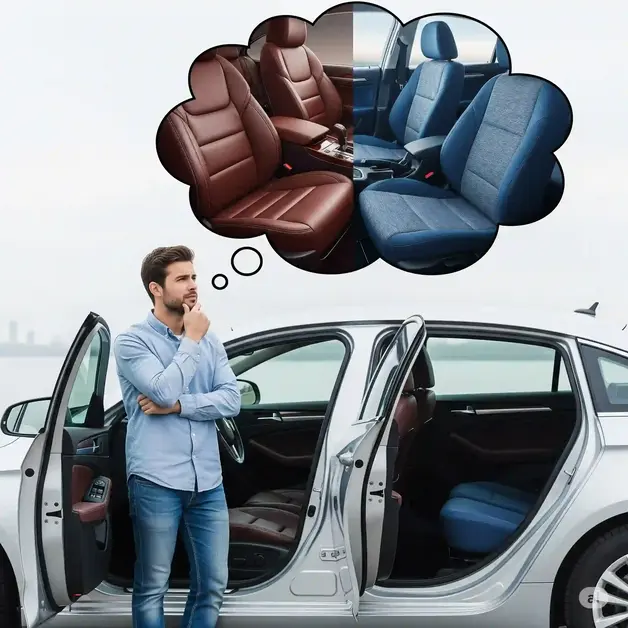 A driver stands next to a car with a thought bubble showing two choices: luxurious, durable leather seats on one side and soft, budget-friendly fabric seats on the other, highlighting a lifestyle-based decision.
