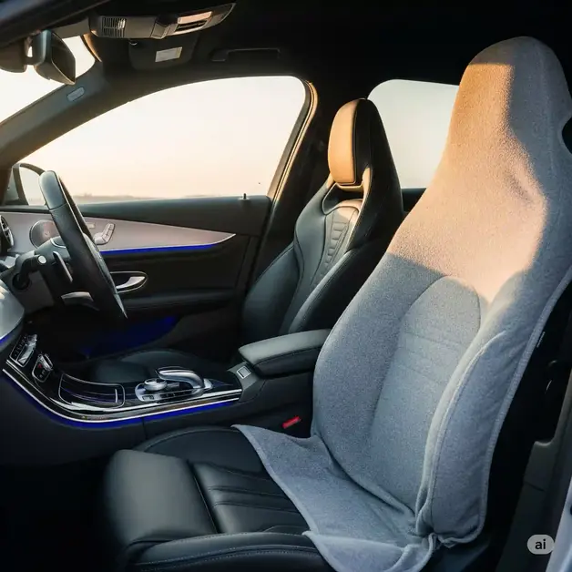 A modern car interior with one seat covered in premium black leather and the other in cozy gray fabric, symbolizing a choice between luxury and comfort, with sunlight shining through the window.
