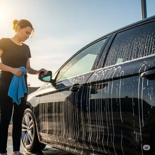 When Is The Best Time To Go To The Car Wash A frustrated driver beside a black car with water spots and soap streaks after washing it under the hot sun.