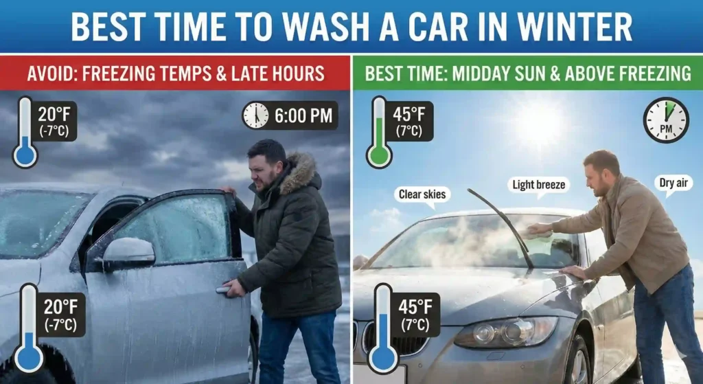 A split-screen comparison graphic titled "When to Wash a Car in Winter." The left side depicts the wrong time: a frustrated man struggles to open a frozen car door in the dark and snow, with a thermometer showing 15°F (-9°C) and a caption reading "Avoid: Freezing Temps & Late Hours." The right side depicts the right time: a smiling man easily washes a clean car in bright midday sunlight, with a thermometer showing 38°F (3°C) and a caption reading "Best Time: Midday Sun & Above Freezing." A jagged icicle line separates the two scenes.