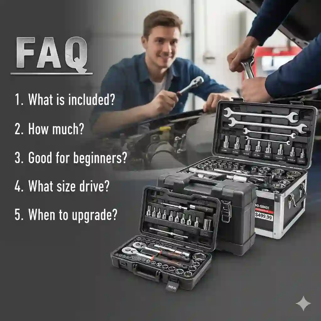 A mechanic working on a car with a toolbox next to him.