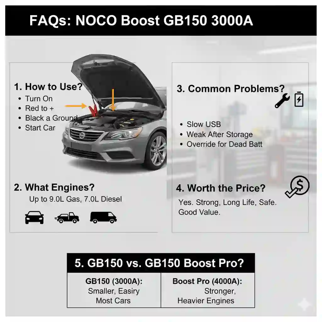 A visual FAQ graphic for the NOCO Boost GB150 3000A. The graphic includes sections answering "How to Use?" with an illustration of a car engine and jumper cables, "What Engines?" with icons for cars, trucks, and vans, "Common Problems?" with bullet points and an icon of a wrench and battery, "Worth the Price?" with text and a dollar sign icon, and a comparison table for "GB150 vs. GB150 Boost Pro" highlighting their differences.