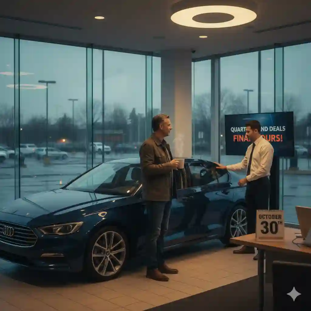 A man holding a steaming cup stands next to a dark blue car in a modern car dealership showroom. A salesperson smiles and gestures towards the car. In the background, a large screen displays "QUARTER END DEALS FINAL HOURS!" and a calendar on a desk shows "OCTOBER 30th". Large windows look out onto a rainy parking lot.