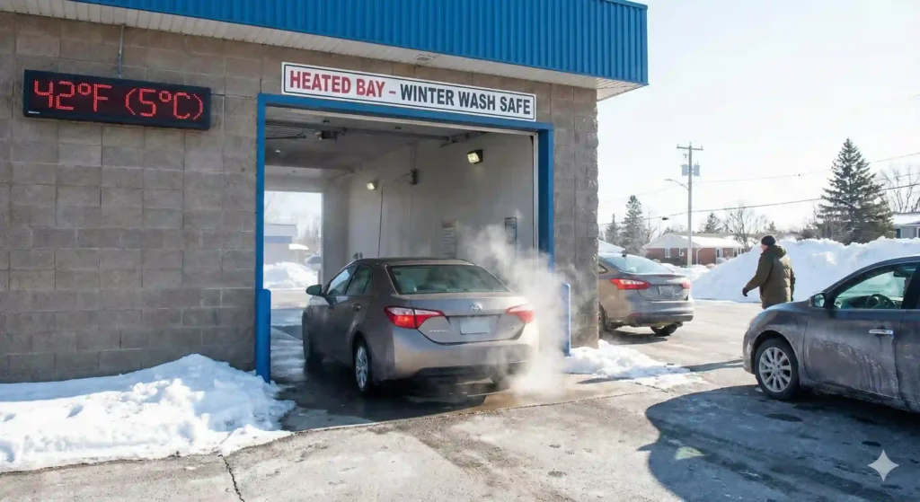 A silver sedan exits a heated car wash bay in winter, with steam rising from the car due to the temperature difference. Snow lines the ground around the car wash, and a digital sign on the building reads "42°F (5°C)." Above the bay entrance, a sign clearly states "Heated Bay - Winter Wash Safe." Another car waits its turn to enter the wash, and a person bundled in winter clothing walks nearby. The scene depicts a safe and effective way to wash a car during cold weather.